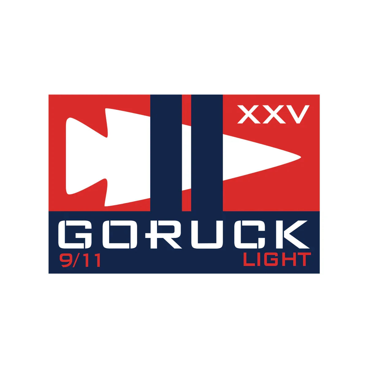 GORUCK 9/11 Light event logo with arrowhead, Roman numerals XXV, and bold colors.