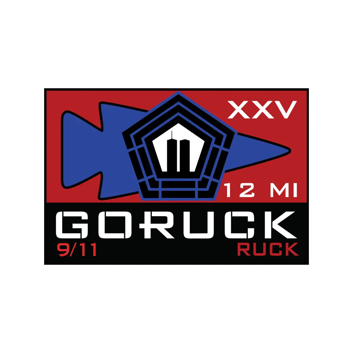 GORUCK 9/11 event patch with Pentagon and twin towers, blue arrow, 12 miles, XXV anniversary.