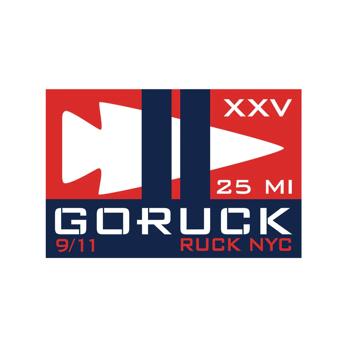 GORUCK 9/11 Ruck NYC patch with arrowhead, 25 miles, XXV, in red, white, and blue design