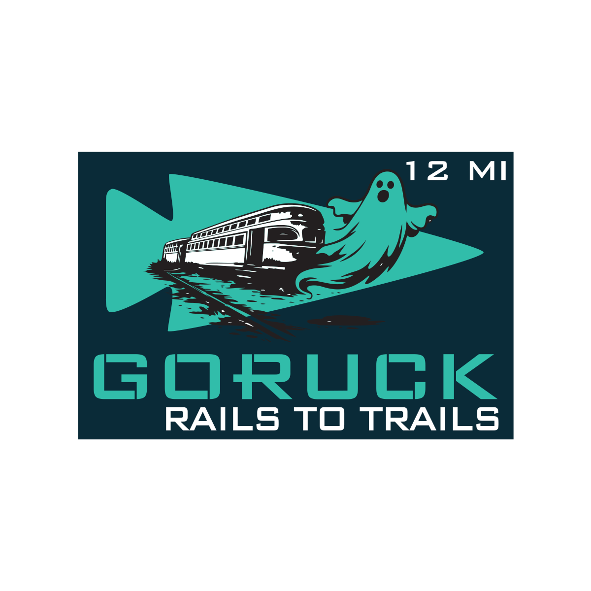 GORUCK Rails to Trails event logo with train, ghost, and 12 MI distance.
