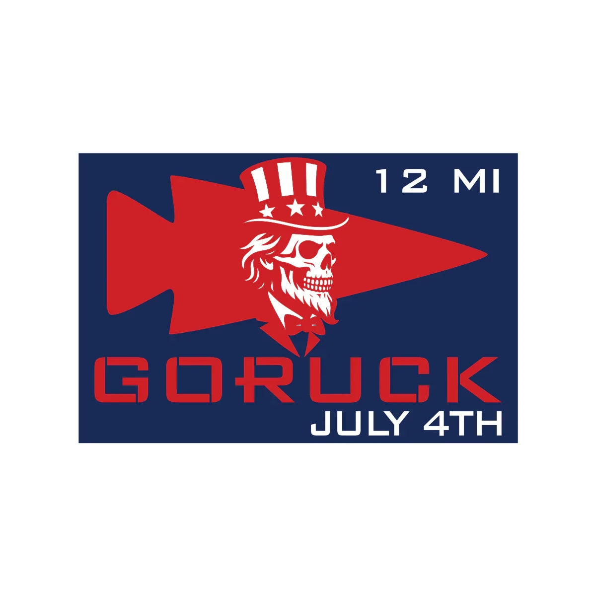 GORUCK July 4th event logo with 12 mile distance, red arrowhead, and skull in Uncle Sam hat
