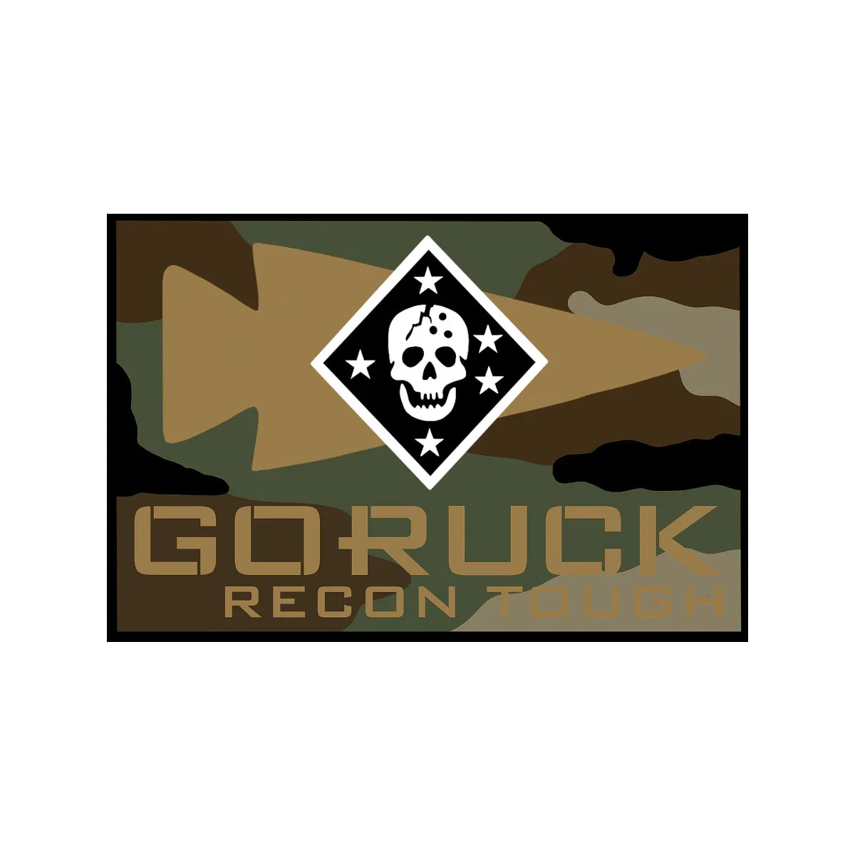 GORUCK Recon Tough patch with skull logo on camo background, rucking gear branding