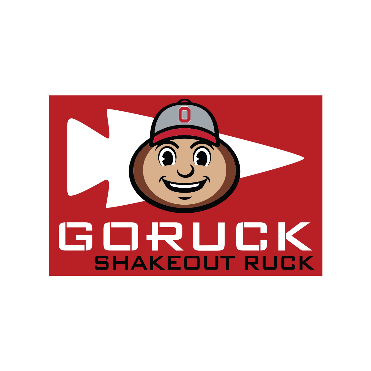 Red logo with a cartoon smiling face in a cap, white arrowhead, and 