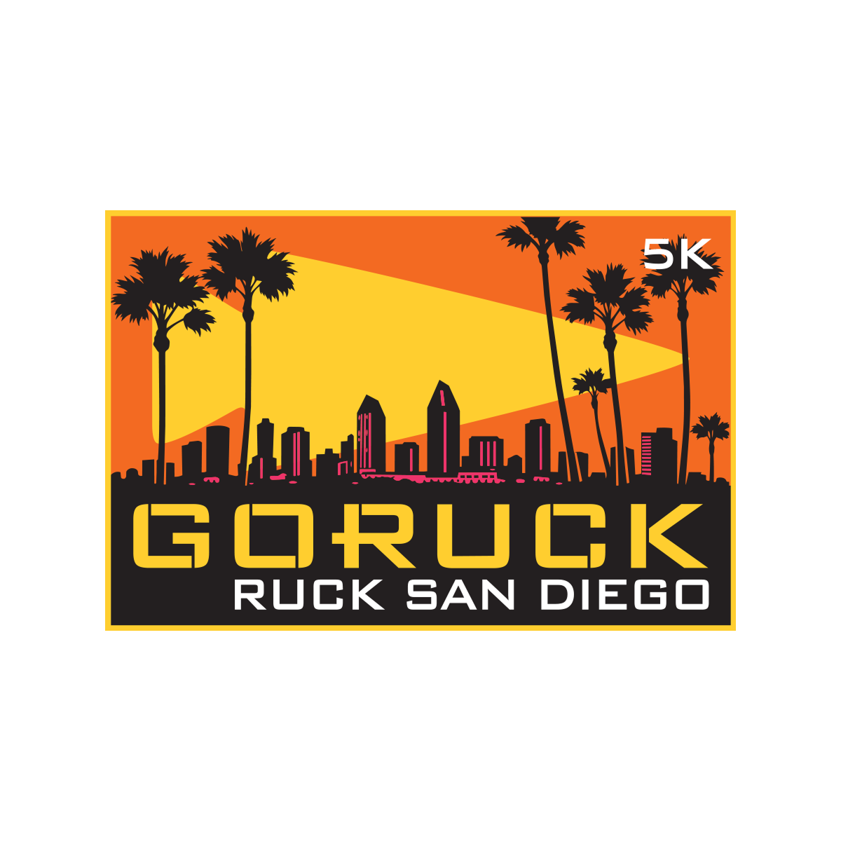 Celebrate the spirit of rucking with the Ruckapalooza San Diego - Fitness Party & City Ruck Weekend logo, featuring palm trees and a city skyline set against an orange and yellow sunset—an iconic San Diego fitness event.