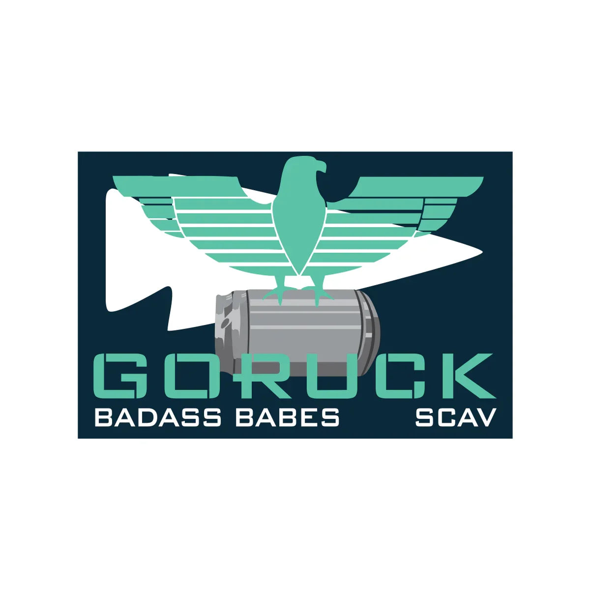 GORUCK patch logo with teal eagle, barrel, and text 'Badass Babes SCAV' on dark background.