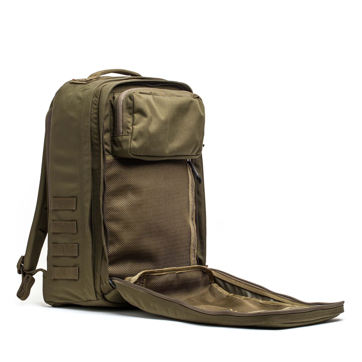 The GR2 - Cordura backpack in olive green features multiple compartments, an inner mesh pocket, and ample storage—perfect as a carry-on travel bag for organized adventures.
