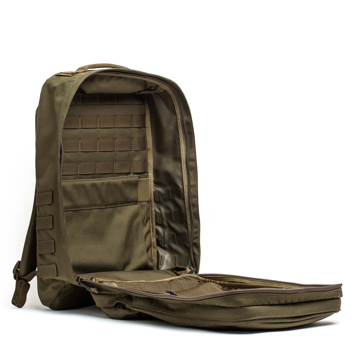 The olive green GR2 - Cordura backpack, inspired by Special Forces packs, is open to reveal its multiple compartments and pockets on a white background—ideal for use as a carry-on travel bag.