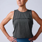 Woman wearing a gray GORUCK muscle tank top, athletic rucking gear, studio background