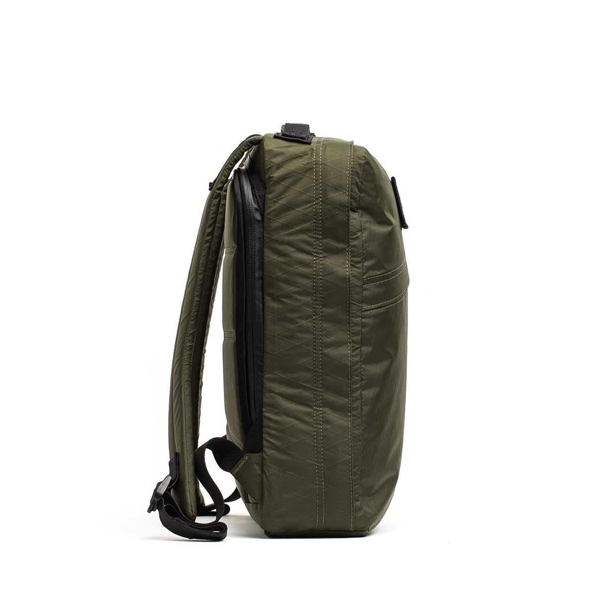 GORUCK dark green XPAC rucksack side view, durable rucking backpack with padded straps