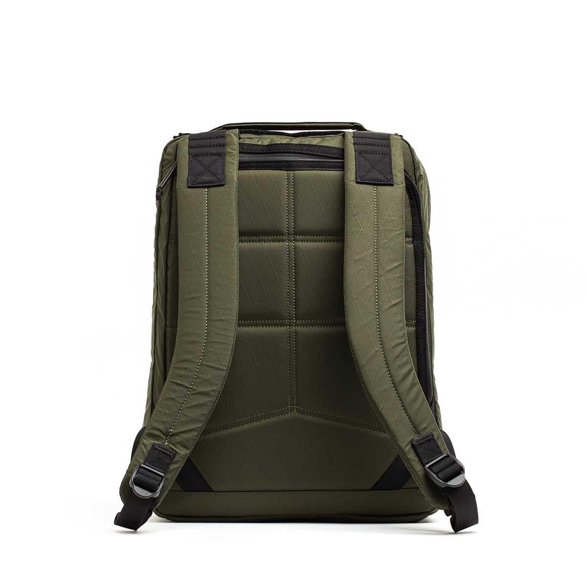 GORUCK dark green rucksack backpack back view with padded straps and rugged design