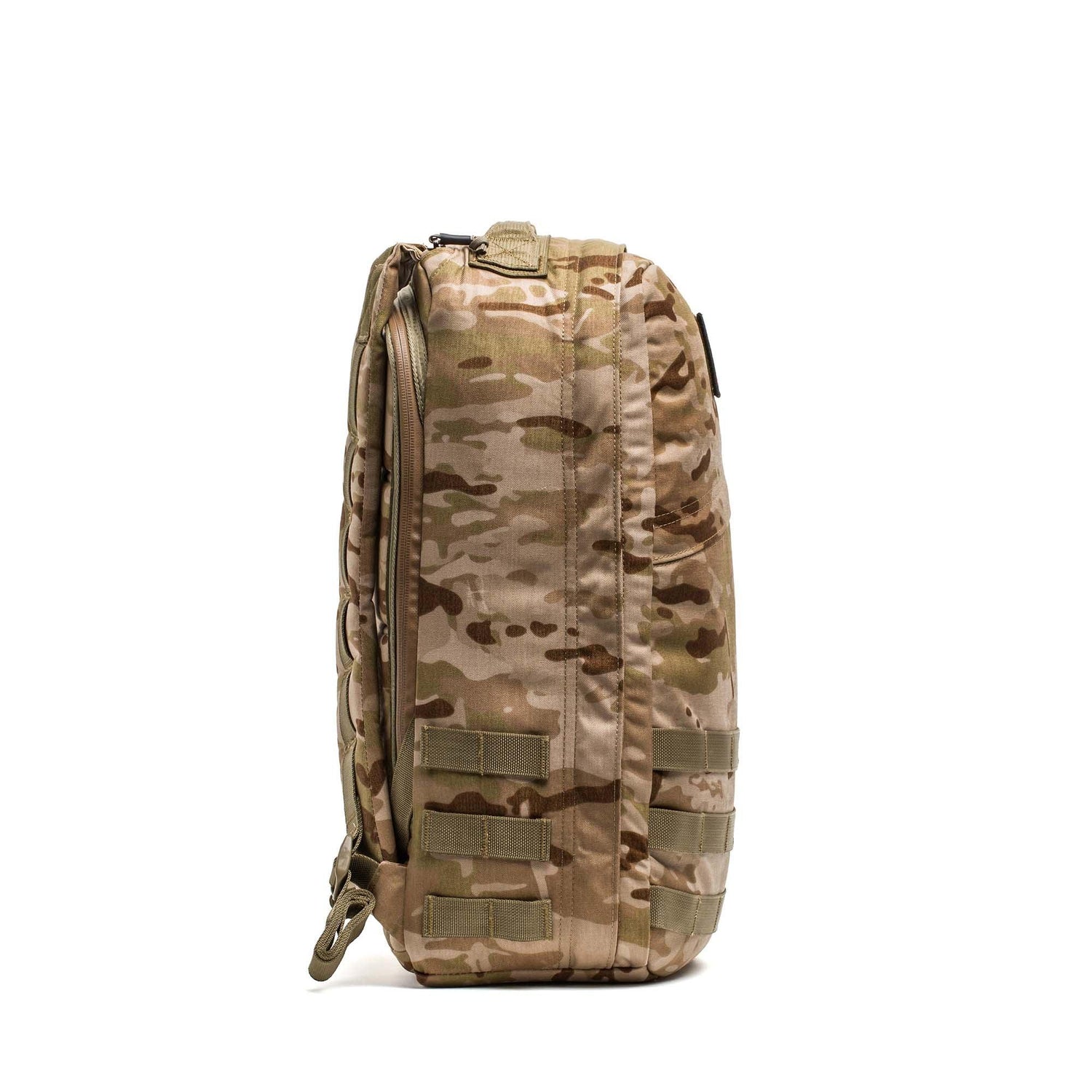 GORUCK GR1 21L Multicam Arid rucksack, side view, rugged tactical backpack