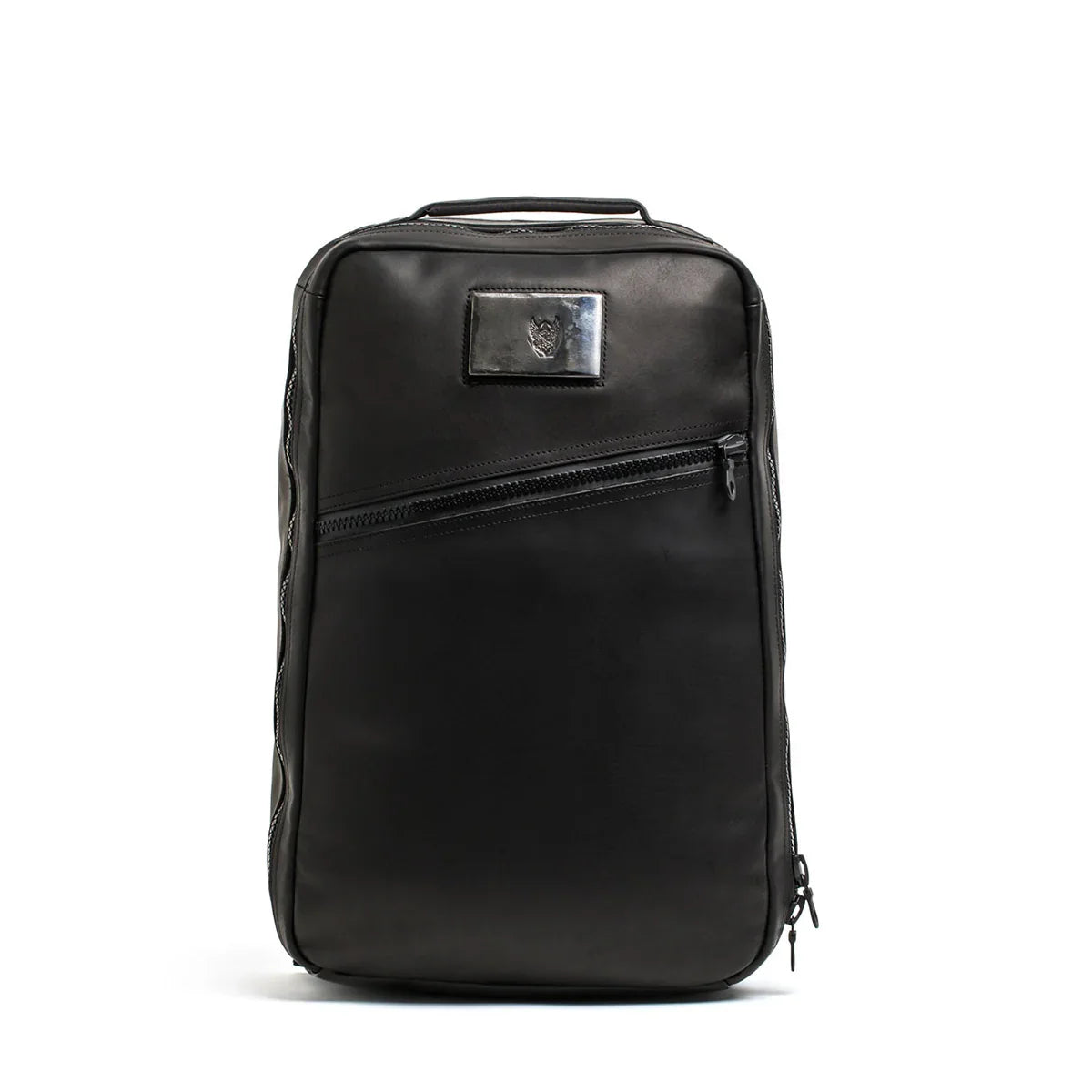 GORUCK black rucking backpack with angled zipper and top handle, front view on white background