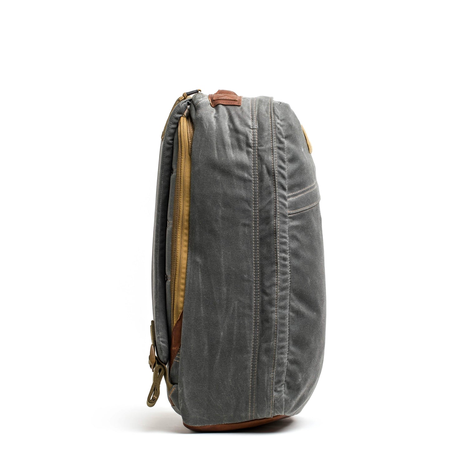 GORUCK Heritage Slate backpack side view with orange zipper, durable rucking gear
