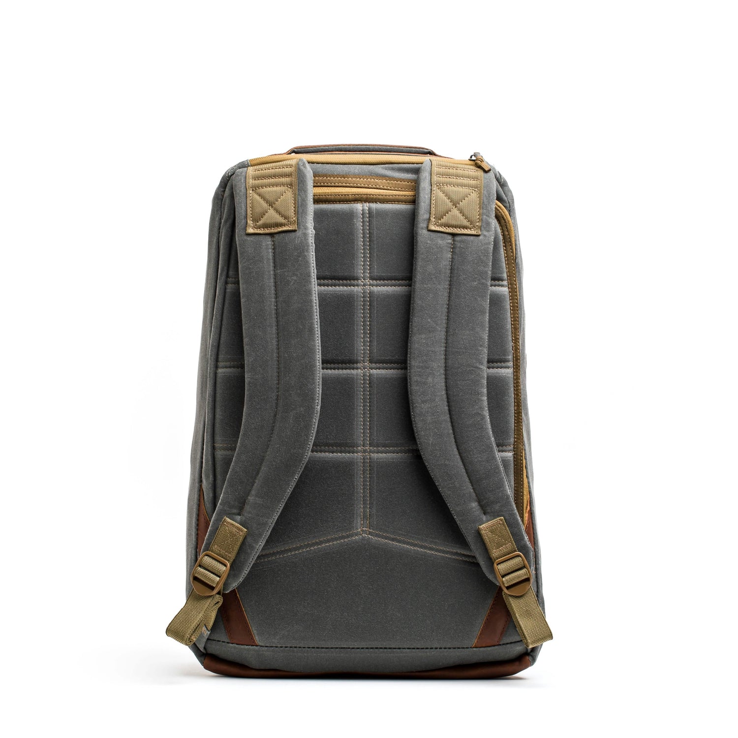 GORUCK Heritage Slate backpack, rugged grey fabric, padded straps, tan accents, rear view