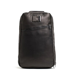 GORUCK black leather rucking backpack with angled zip pocket on white background