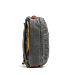 GORUCK Heritage Slate rucksack side view, waxed canvas, rugged outdoor backpack