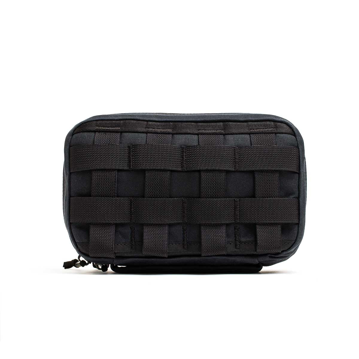 The GR1 Field Pocket - Waxed Canvas is a black rectangular pouch with a woven webbing pattern on the front, made from durable waxed canvas, and shown against a white background.