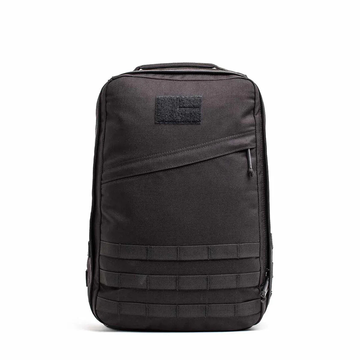GORUCK black ruck backpack with tactical MOLLE webbing and front zipper pocket