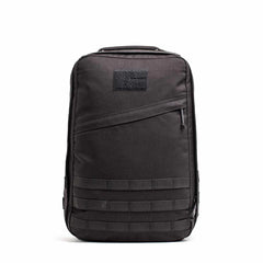 GORUCK black ruck backpack with tactical MOLLE webbing and front zipper pocket
