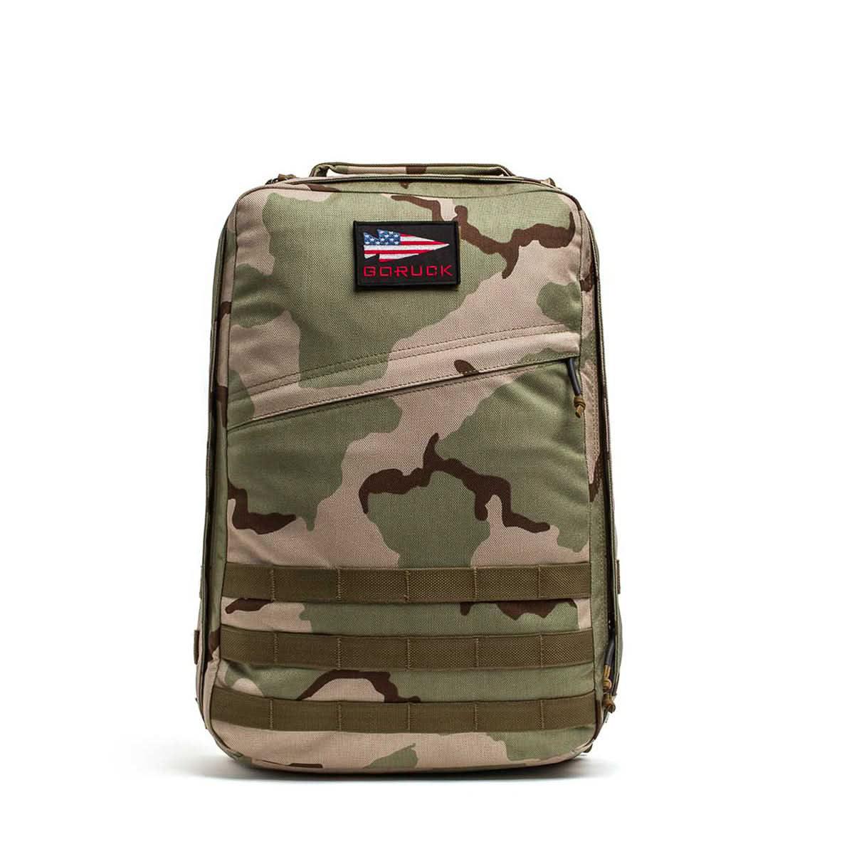 GORUCK GR1 camo backpack with USA flag patch, tough rucking gear for outdoor use