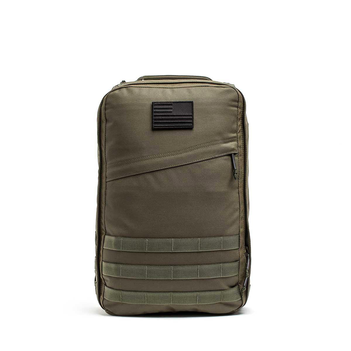 GORUCK Ranger Green rucksack with front zipper pocket and American flag patch