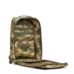 GORUCK GR1 21L XPAC Multicam rucksack open, showing interior compartments and rugged camo design