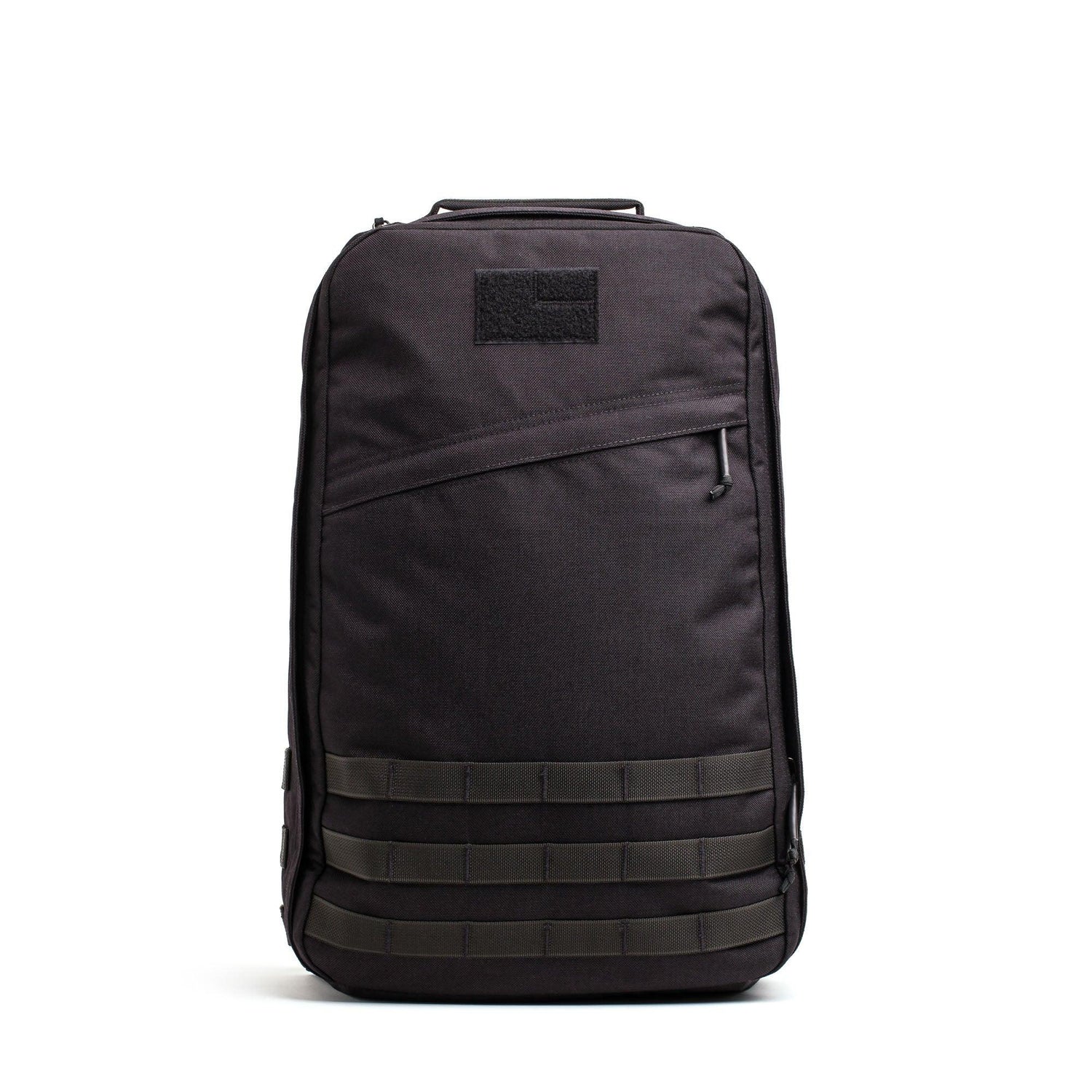 GORUCK GR1 26L black rucksack with top stash pocket and rugged MOLLE webbing front view