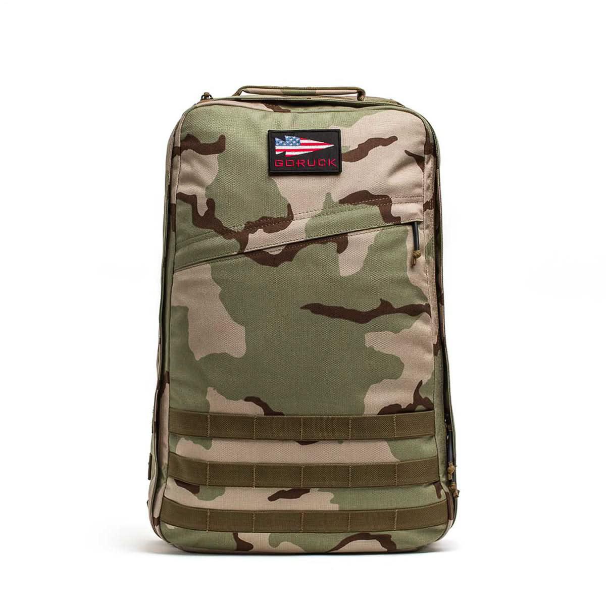 GORUCK GR1 26L backpack in DCU camouflage, rugged rucking gear with American flag patch