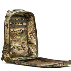 GORUCK GR1 26L Multicam XPAC backpack open, showing interior pockets and mesh compartments.