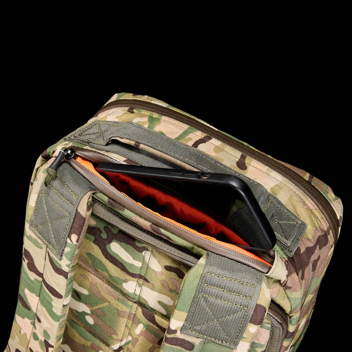 GORUCK GR1 26L XPAC Multicam backpack detail with open top pocket and orange lining