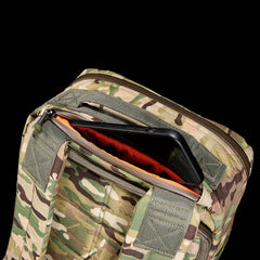 GORUCK GR1 26L XPAC Multicam backpack detail with open top pocket and orange lining