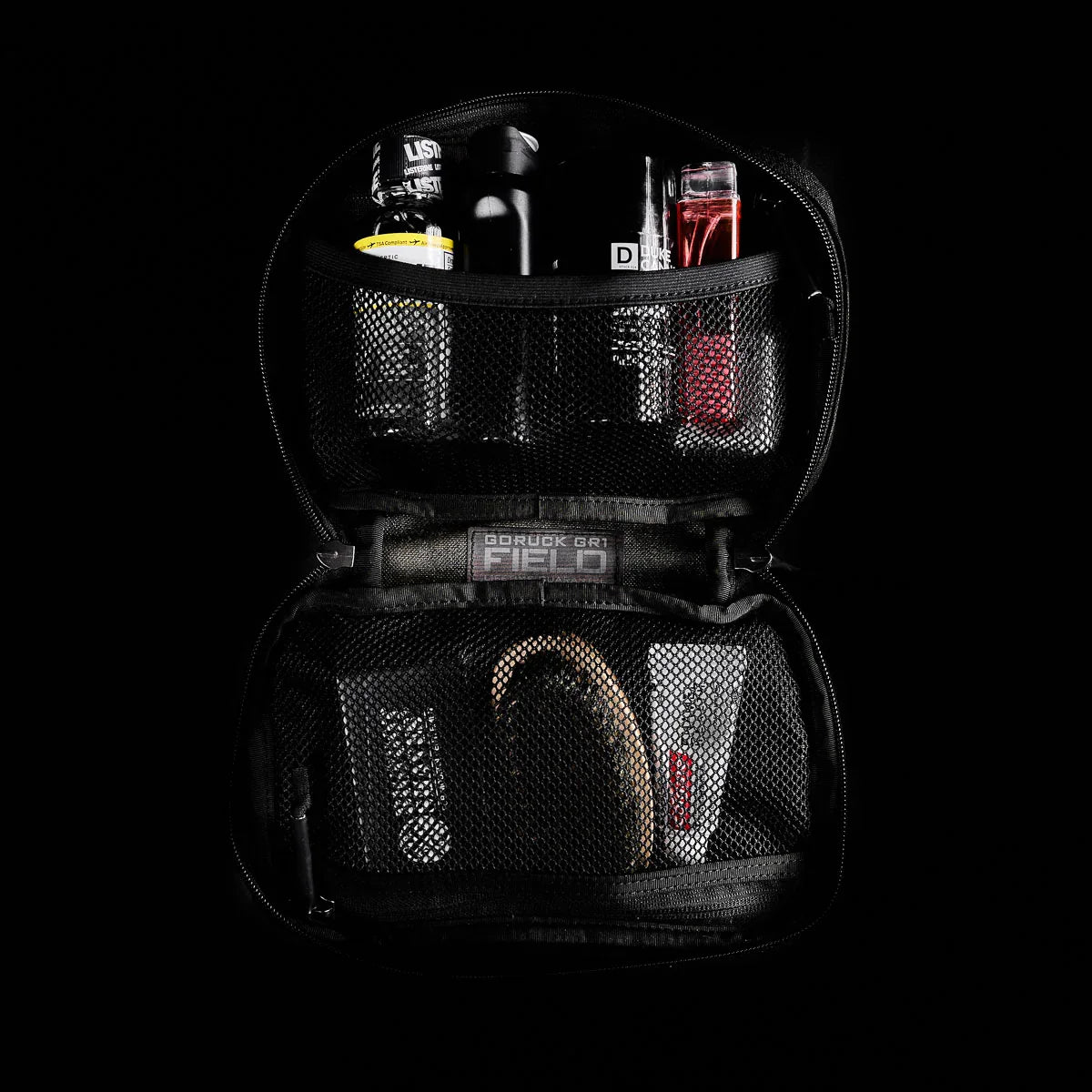 GORUCK GR1 Field Pocket Black Multicam open with gear organized in mesh pockets
