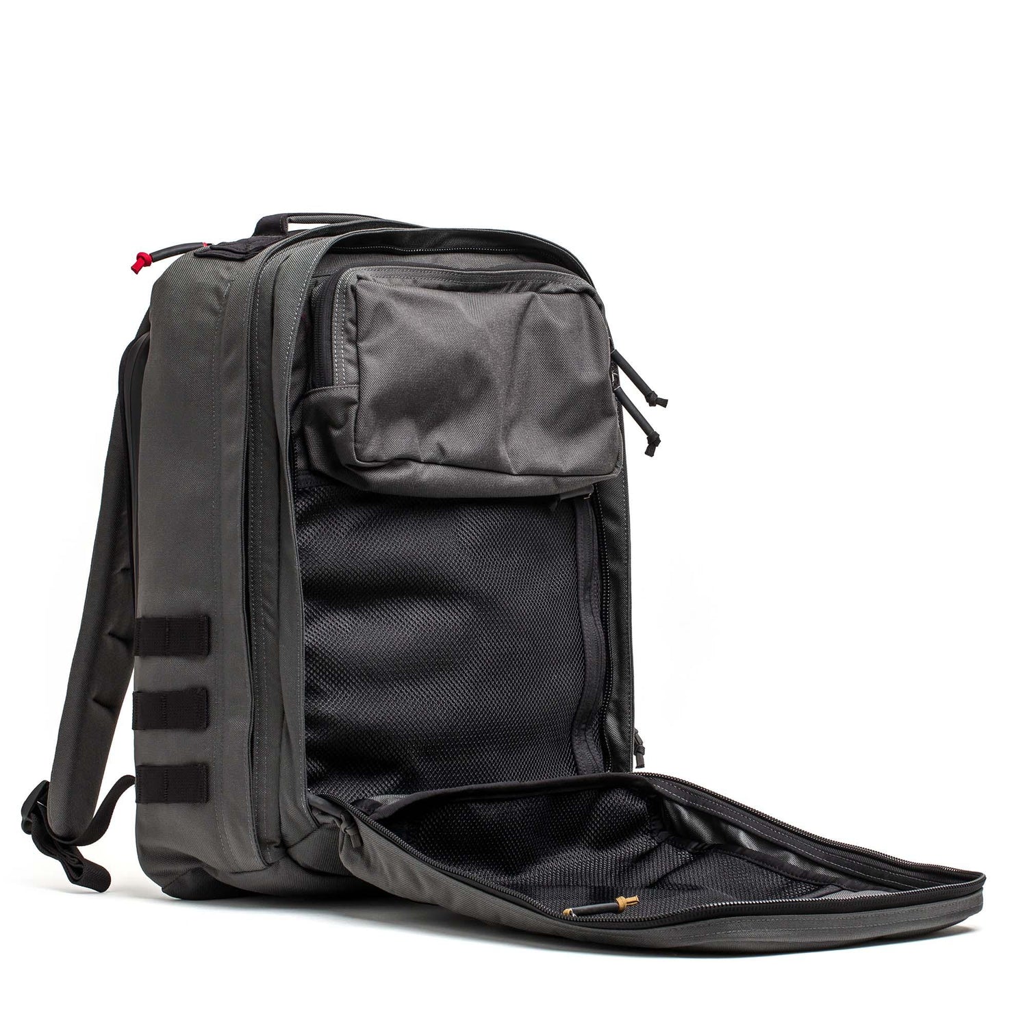 GORUCK GR2 26L rucksack in armor grey with black accents, open to show interior pockets
