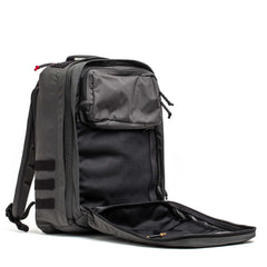 GORUCK GR2 26L rucksack in armor grey with black accents, open to show interior pockets