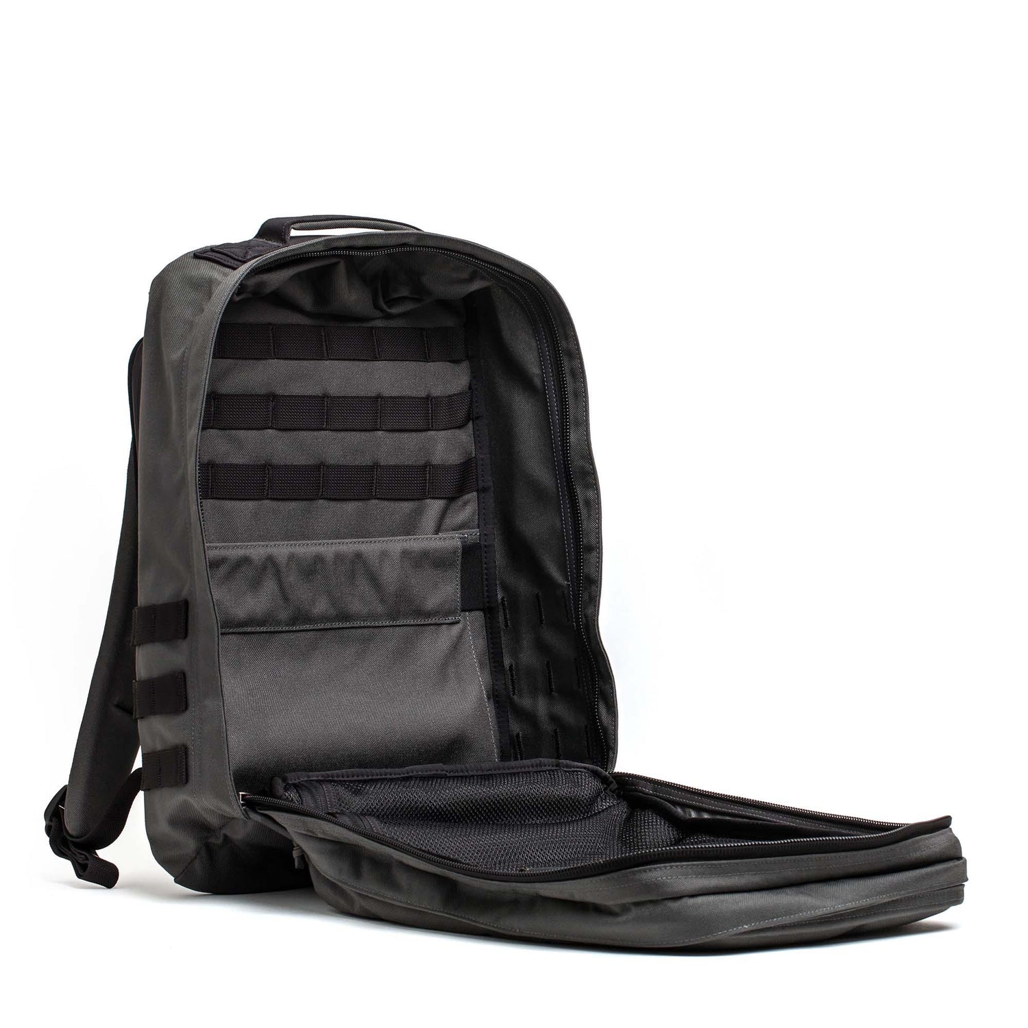 GORUCK 26L Armor Grey Black rucksack backpack open, showing durable interior compartments and MOLLE webbing