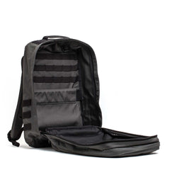 GORUCK 26L Armor Grey Black rucksack backpack open, showing durable interior compartments and MOLLE webbing