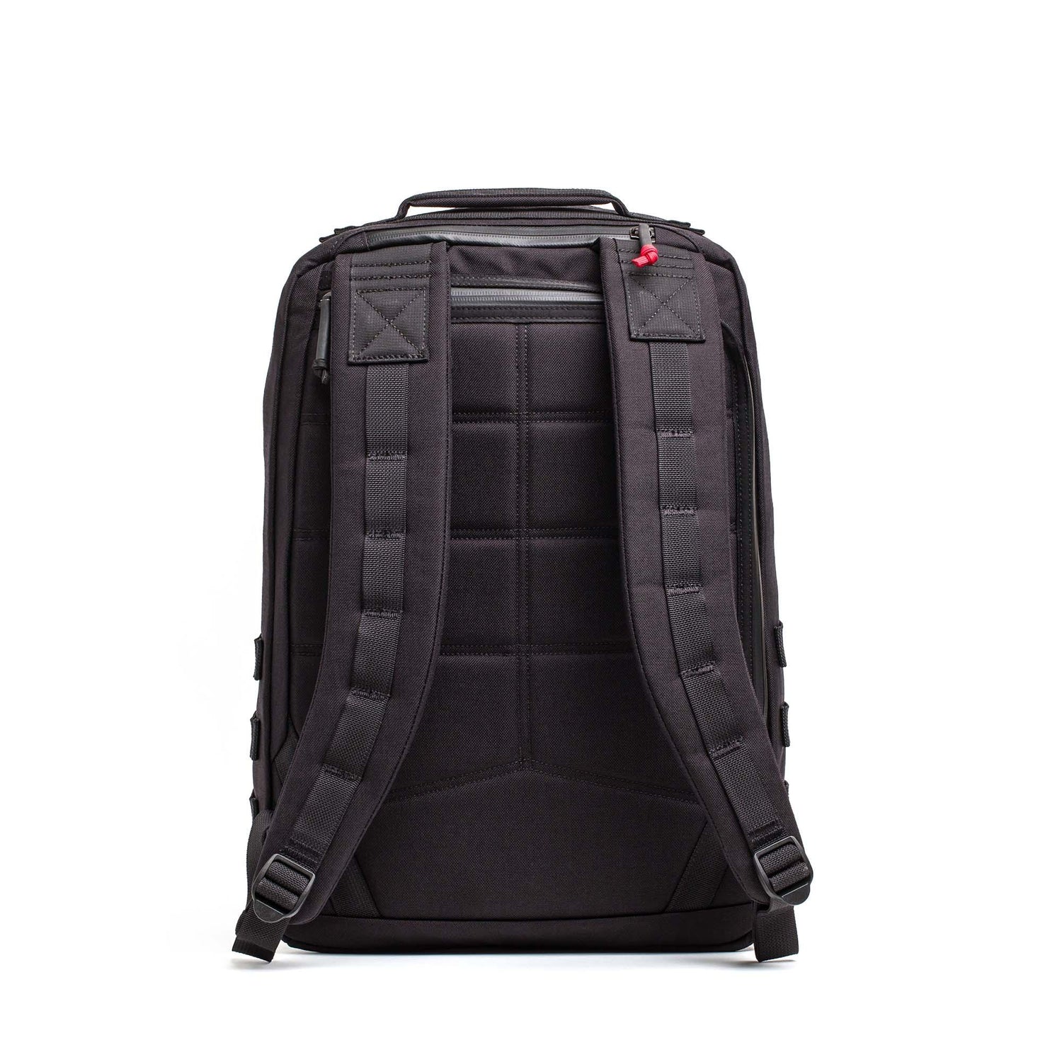 GORUCK black rucksack, 26L, rugged padded straps, durable design, back view on white background