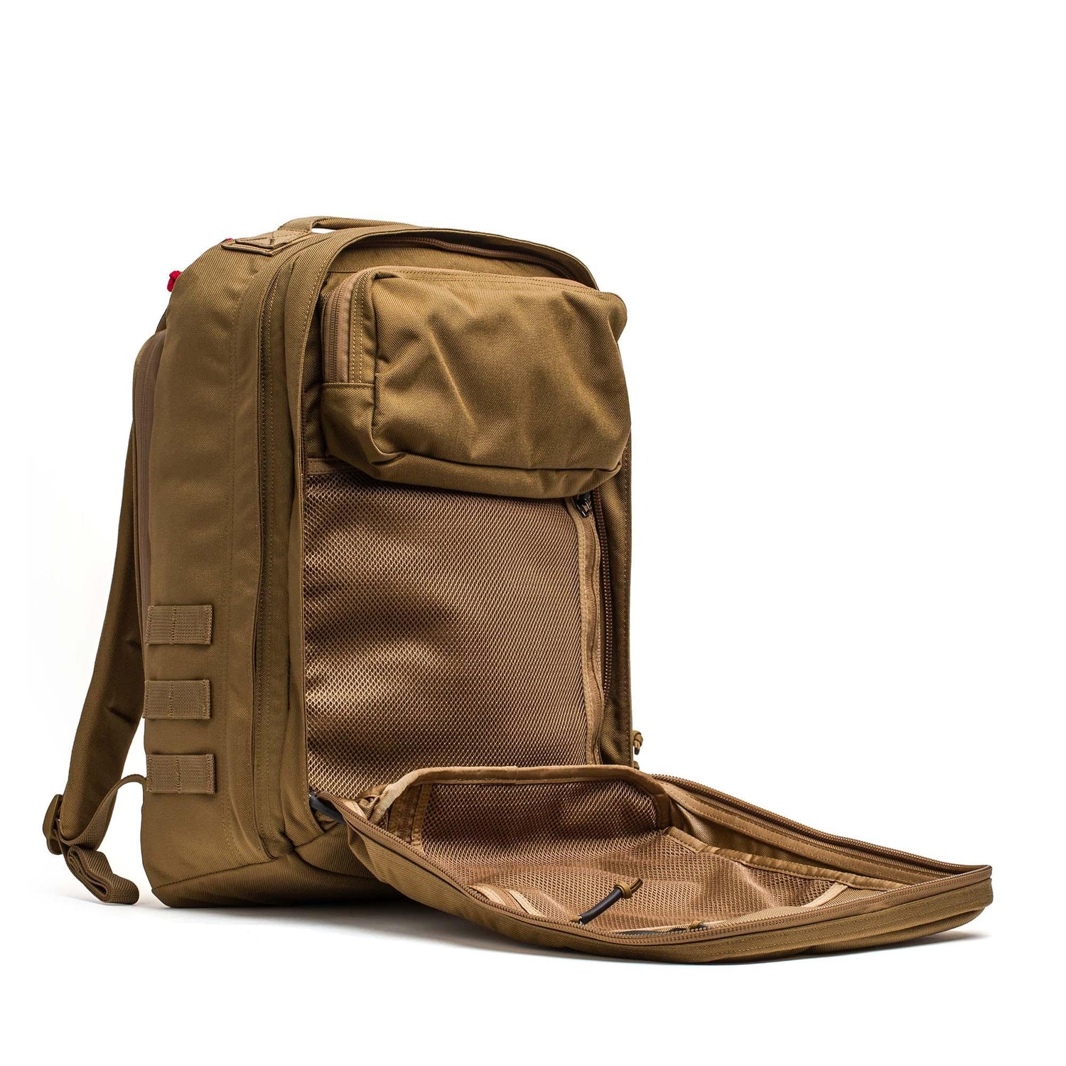 GORUCK coyote brown rucksack backpack open, rugged 1000D Cordura, organized storage pockets