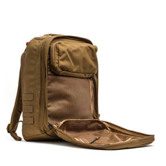 GORUCK coyote brown rucksack backpack open, rugged 1000D Cordura, organized storage pockets