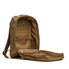GORUCK 26L Coyote rucksack open, showing interior compartments, tactical design