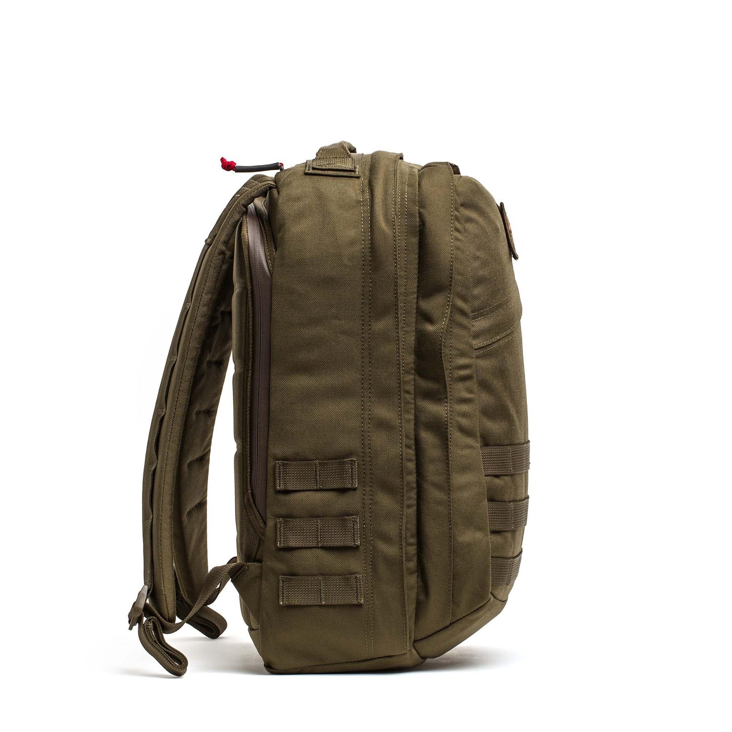 GORUCK GR2 26L Ranger Green rucksack with MOLLE webbing, side view on white background