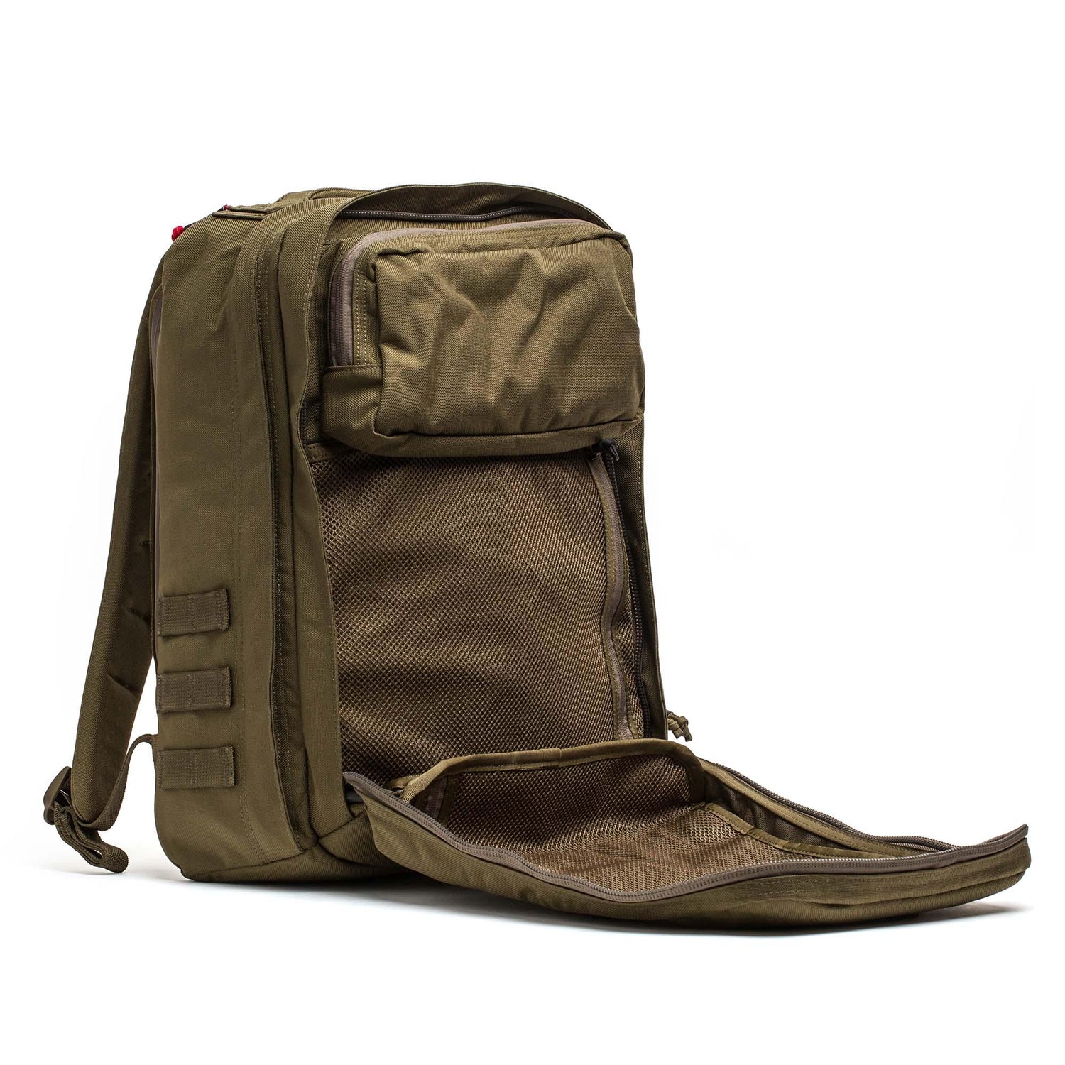 GORUCK Ranger Green 26L rucksack open to show spacious interior and mesh pockets