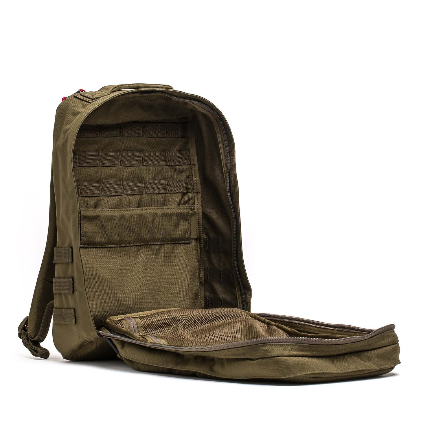 GORUCK Ranger Green 26L rucksack open, showing durable interior and storage pockets