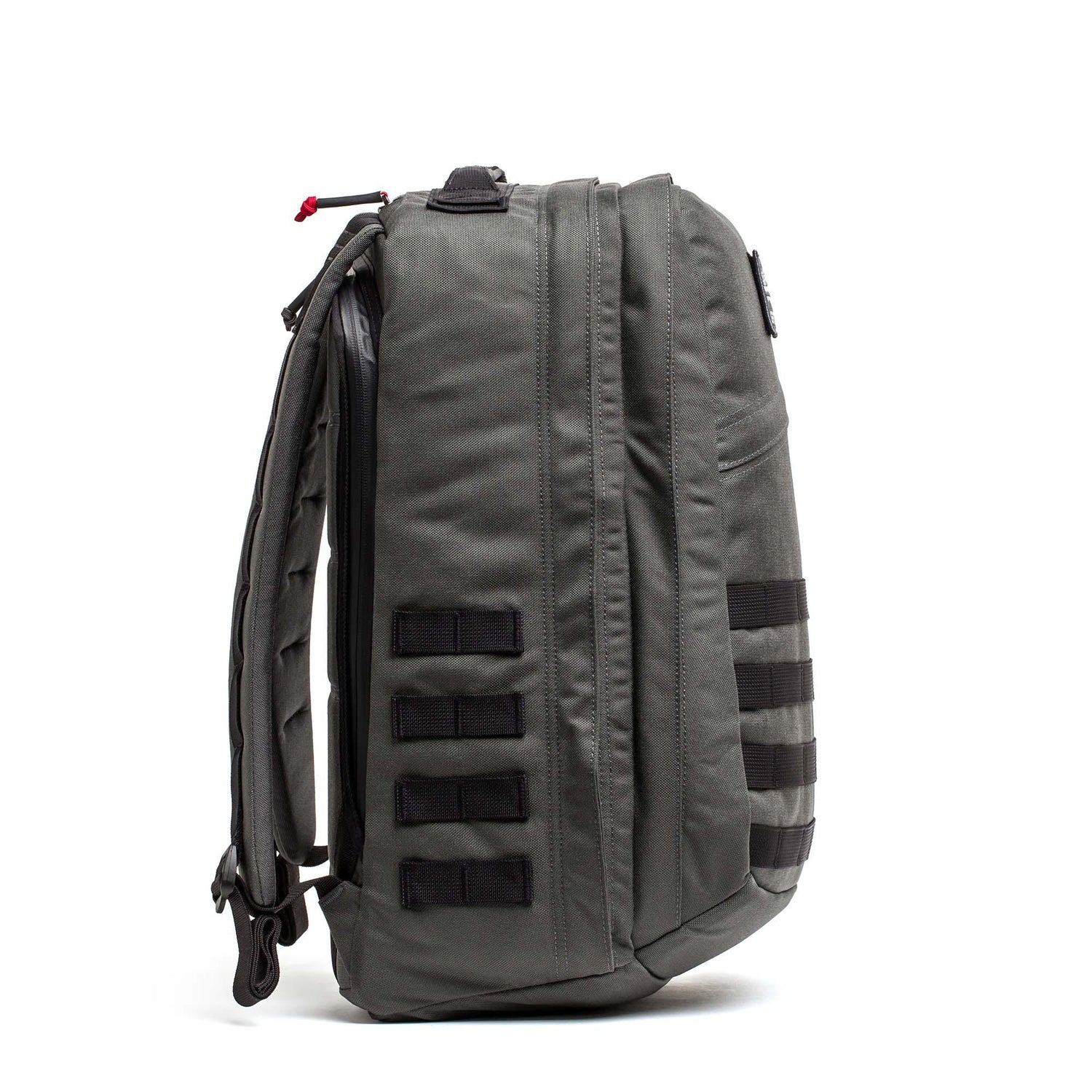 GORUCK GR2 34L Armor Grey Black rugged backpack with MOLLE webbing, side view
