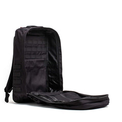 Open GORUCK GR2 34L black rucksack showing spacious interior and durable nylon shell