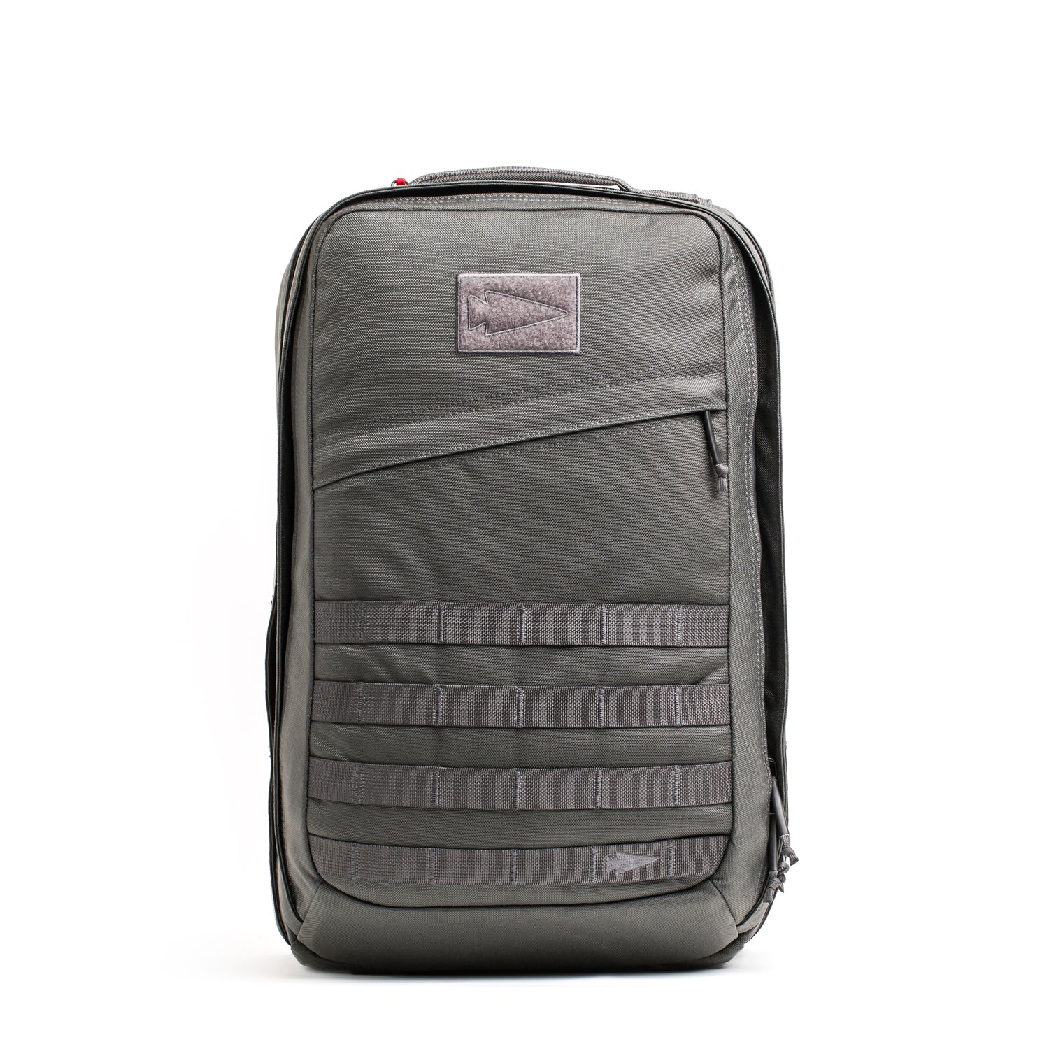 A gray GR2 - Cordura rucksack with a front zip pocket and horizontal webbing straps stands upright on a white background—perfect as a Special Forces backpack or carry-on travel bag.