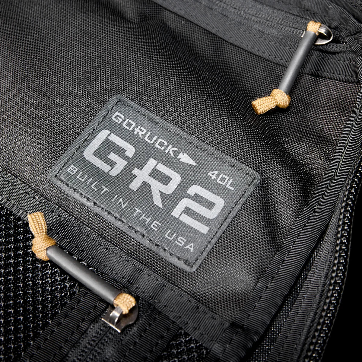 Close-up of black GORUCK GR2 40L rucksack patch, built in the USA, rugged design