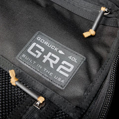 Close-up of black GORUCK GR2 40L rucksack patch, built in the USA, rugged design