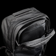 GORUCK black rucking backpack with open compartments showing durable construction