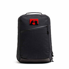 GORUCK black rucksack with red samurai patch, durable and tactical gear for rucking
